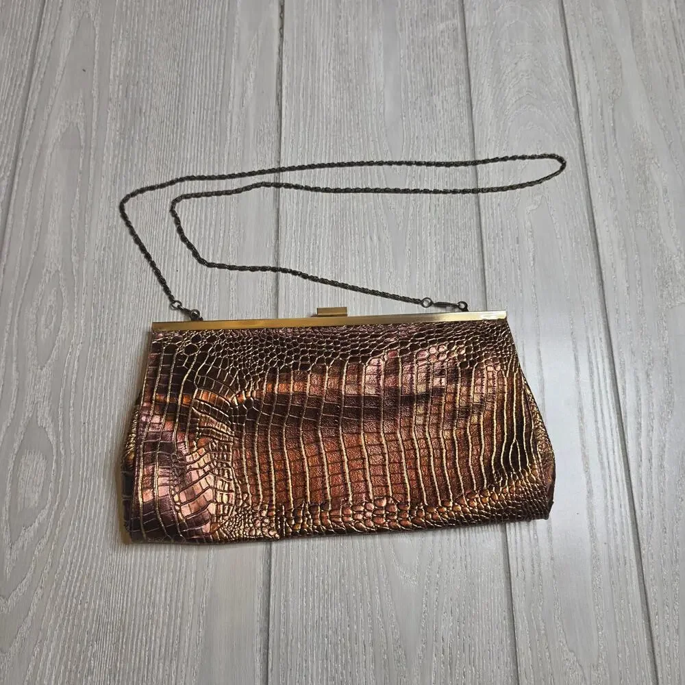 Gunne Sax Vintage Bronze Faux Crocodile Embossed Chain Strap Clutch